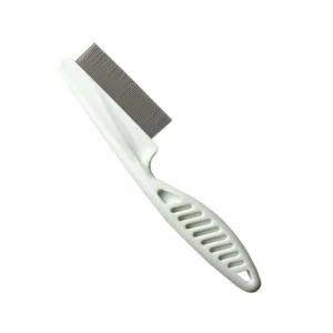 Grand peigne à puces blanc de 18 cm pour animaux avec dents fines en métal et manche