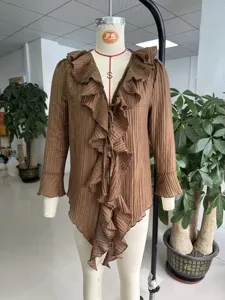 Women ruffle tie V-neck pleated long sleeve top, elegant flare sleeve casual blouse.