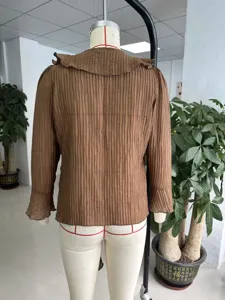Brown pleated long sleeve blouse with ruffle collar, elegant casual top for women daily wear.