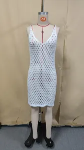 White crochet beach dress for women, sexy hollow out sleeveless swimsuit cover up knitwear.