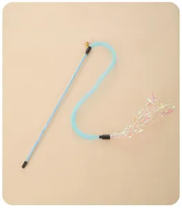 Cat teaser wand with elastic mesh tube and shiny colorful tassels for interactive pet play.