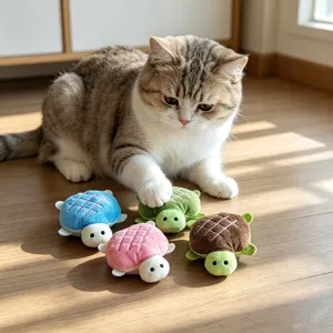 Detailed shot of cute plush turtle cat toys with catnip and crinkle paper in action.