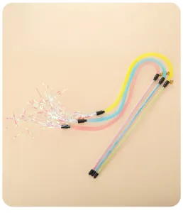 Details of colorful cat teaser wand with mesh tube, shining tinsel and bell for pet interactive play.