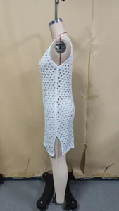 Women white crochet beach dress sexy hollow out summer swimsuit cover up sleeveless knitwear