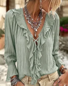 V-neck ruffle tie flare sleeve pleated blouse, elegant green long sleeve top for women
