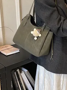 Large capacity olive green soft suede tote bag for autumn winter commuter fashion