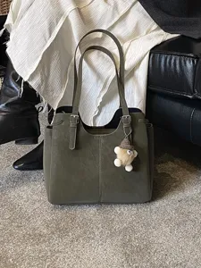 Vintage olive green soft leather tote bag with large capacity for winter commuting