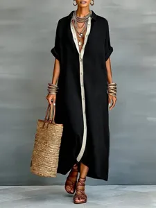 Elegant contrast color-block linen shirt dress featuring front placket and stylish maxi length.