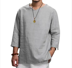 Hombre casual color solido cuello V camisa lino holgada manga tres cuartos top comodo.