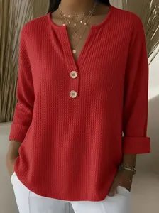 Women waffle knit V-neck long sleeve casual pullover top solid color stylish blouse details