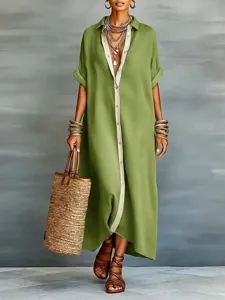 Close-up detail of stylish olive green and beige color-blocked shirt dress for spring.