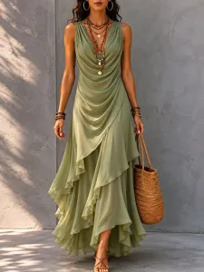 Abito Lungo Maxi in Chiffon Senza Maniche con Scollo a V Casual Estivo da Donna Orlo Irregolare con Volant Elegante da Vacanza