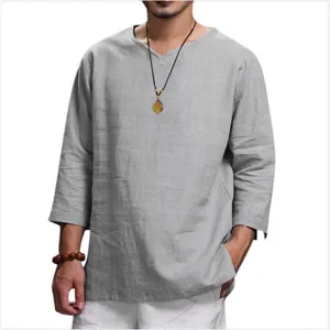 Camisa hombre casual holgada lisa de lino algodon cuello V manga 3/4 vista principal