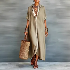 Women's spring color-block cotton linen shirt dress casual loose oversized long sleeve