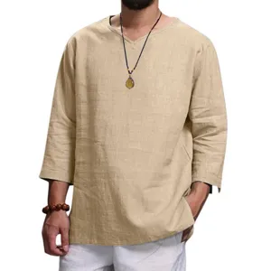 Camisa de lino de manga larga con cuello en V lisa y holgada casual para hombre moderna.