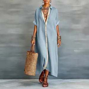 Chic cotton linen shirt dress with contrast placket for women, ideal for casual spring wear.