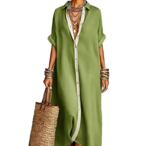 Women spring long sleeve contrast color button up linen shirt dress casual elegant maxi
