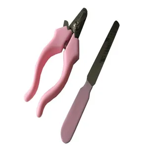 Professional pink pet nail clipper and metal file grooming set detail view for cats and dogs.