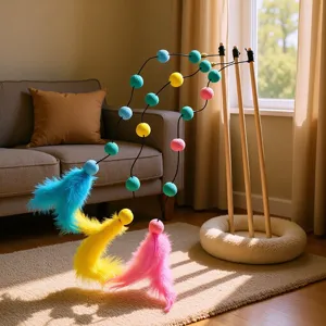 Giocattolo Interattivo Con Bacchetta Per Gatti In Legno Con Palline Pompon E Piume Colorate Divertente Giocattolo Teaser Per Gatti Forniture Per Animali