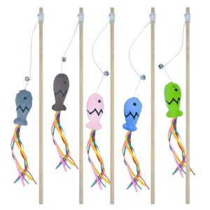 Wooden Stick Cat Teaser Wand Cat Toy with Plush Fish Catnip Metal Bell and Colorful Ribbons Interactive Teasing Toy for Indoor Cats