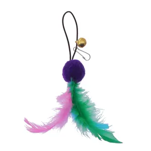 Cat teaser wand replacement head with colorful feathers, purple pom-pom, and golden bell