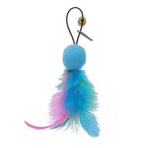 Detailed view of cat teaser wand replacement head with soft blue pom-pom and colorful feathers