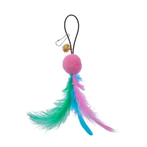 Detailed macro view of cat teaser wand replacement head with soft feathers and bell