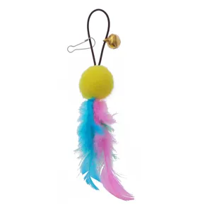 Close-up of cat teaser wand replacement head with colorful feathers and golden bell