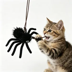 Playful tabby kitten interacting with a fuzzy black spider cat toy against a white backdrop
