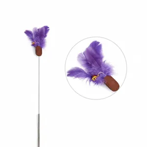 Primo piano dettagliato della testa del giocattolo per gatti in piuma viola con campanello.