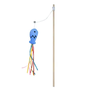 Interactive wooden wand cat teaser toy with blue plush fish and long colorful ribbons