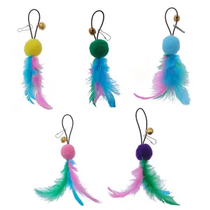 Colorful set of cat teaser wand replacement heads with fluffy feathers and bells.