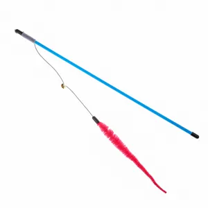 Detailed view of the blue cat teaser wand featuring a fuzzy pink caterpillar and bell
