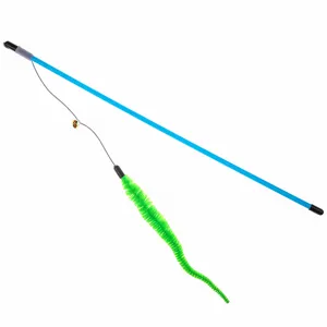 Close-up detail of a cat teaser wand featuring a fuzzy green caterpillar and bell