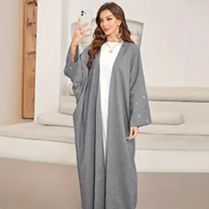 Elegant long gray cardigan with delicate sleeve embroidery and comfortable loose fit style.