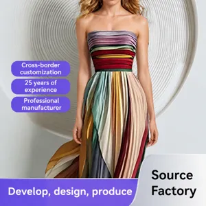 Detail view of multi-color pleated strapless dress, elegant stripe texture for women.