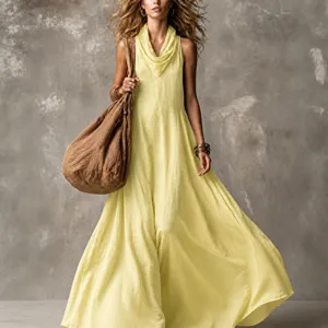 Solid color sleeveless cowl neck maxi dress for women, elegant casual long summer dress.
