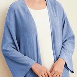 Blue open front cardigan long sleeve outerwear with white inner top for women elegant style.