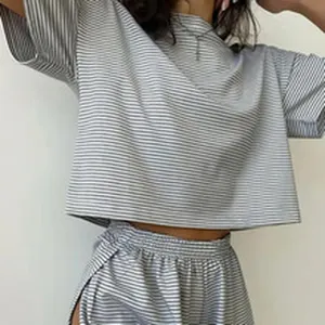 Grey white striped short sleeve crop top and elastic shorts set, casual loungewear detail