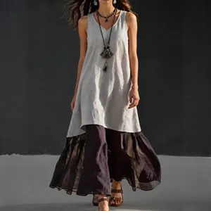 Casual loose sleeveless linen blend tunic dress for women, elegant solid color daily wear.