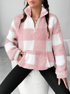 Pink white checkered fleece half-zip pullover sweatshirt, cozy winter warm short top.