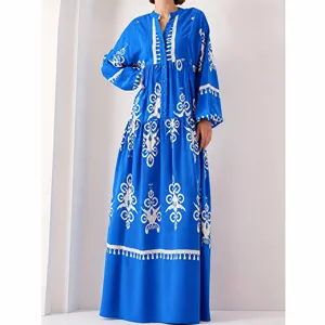 Blue embroidered elegant long robe with loose sleeves, comfortable and stylish daily wear.