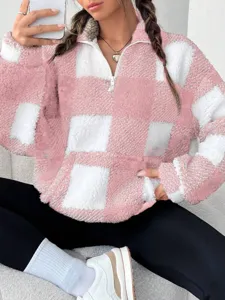 Women pink white checkerboard quarter zip sherpa fleece pullover sweatshirt winter casual top