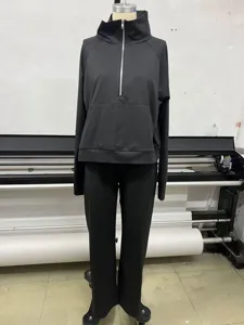 Women two piece oversized half zip sweatshirt and wide leg sweatpants casual tracksuit set