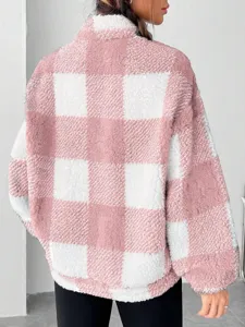 Back view detail of pink and white checkered fluffy fleece sweatshirt with soft sherpa texture.