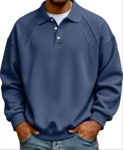 Polo da uomo in maglia casual, pullover ampio a maniche lunghe con bottoni vista dettaglio.