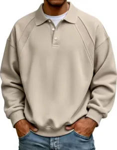 Uomo maglione polo in maglia casual maniche lunghe bottone risvolto vista dettaglio