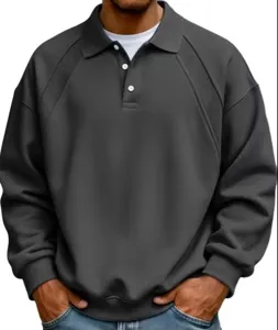 Felpa polo in maglia grigio scuro da uomo, camicia casual a maniche lunghe con bottoni.