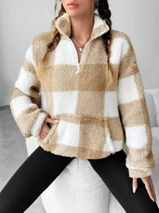 Women's Checkered Half Zip Fleece Sweatshirt Autumn Winter Casual Warm Short Pullover