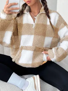 Autumn winter fashion short plaid quarter-zip fleece sweatshirt for women, cozy and stylish.